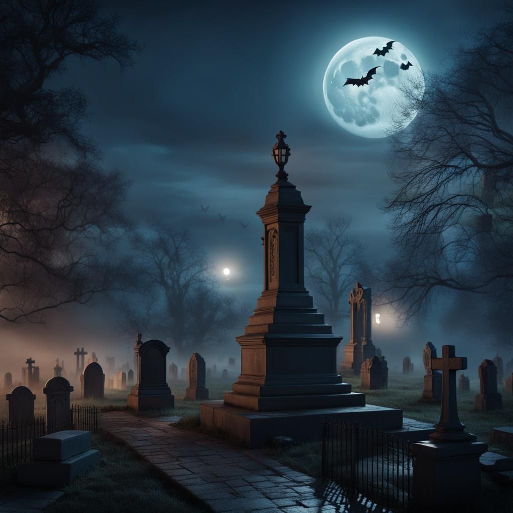 a ghost in a cemetery at night with fog and bats and a full ...
