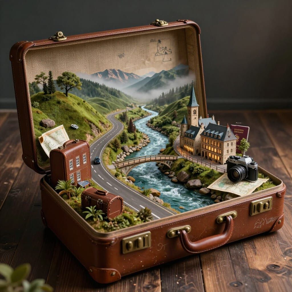 Open Vintage Suitcase Reveals Realistic World Landscape