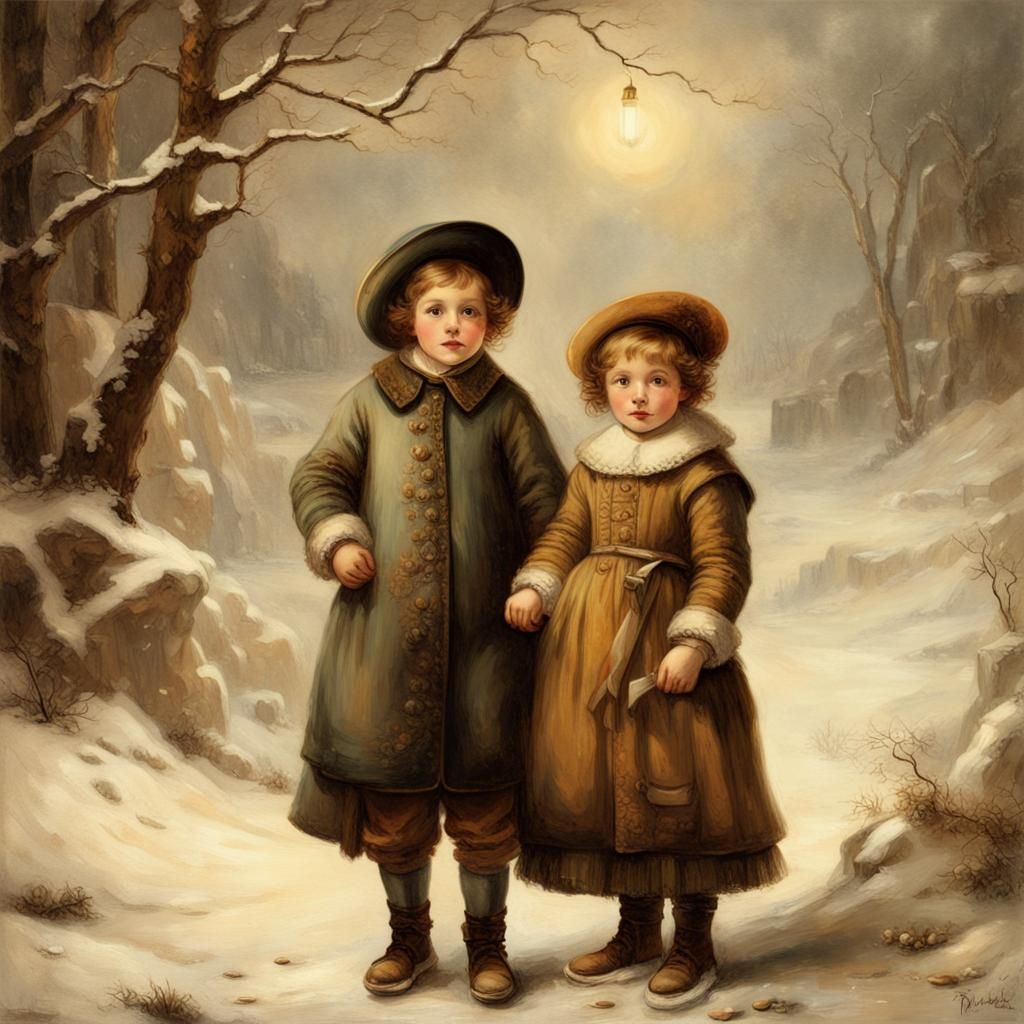 vintage winter postcard, shabby chic, children under the sof...