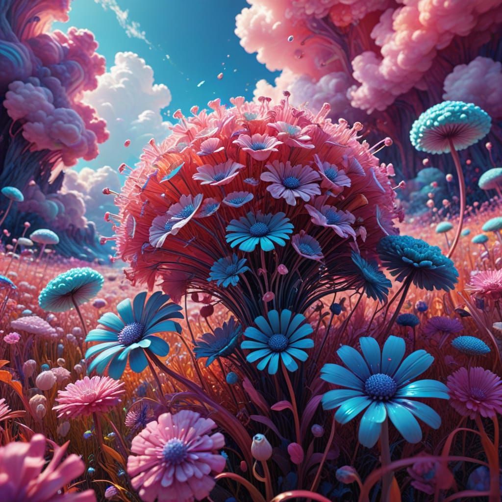 pink grass field, popcorn flowers, cotton candy clouds abstract vector fractal, wave function, Zentangle, 3d shading