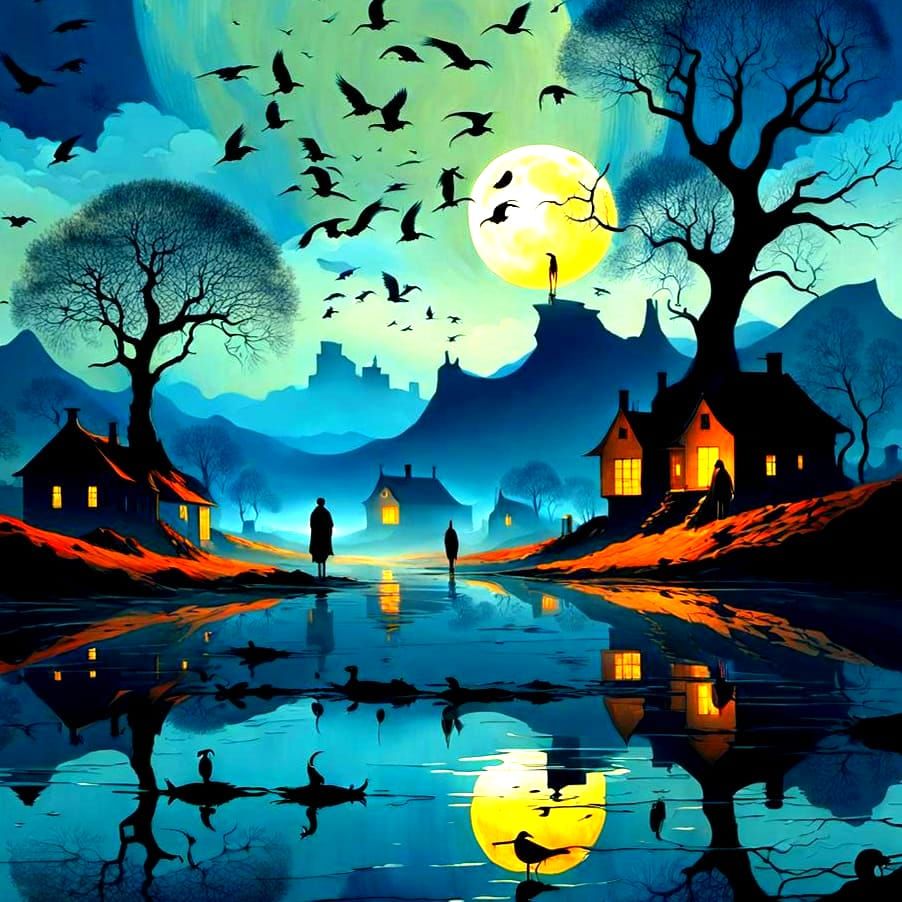 Surreal Moonlit Dreamscape with Figures and Birds