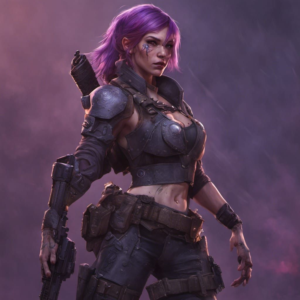 Female, high cheek bones, strong jaw line, purple hair, warrior, gun ...