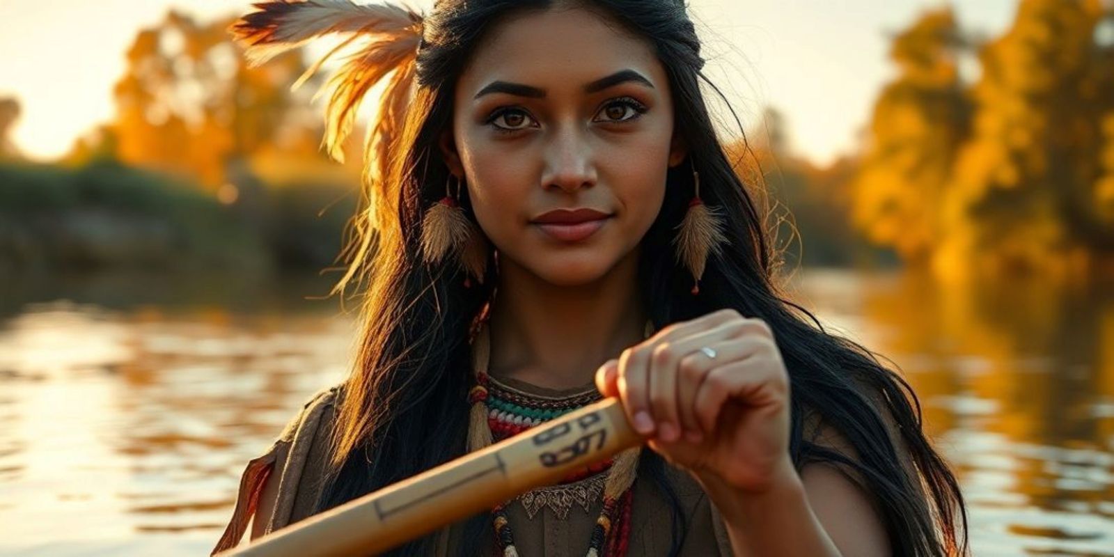 Close-up portrait of a serene and majestic Native American p...