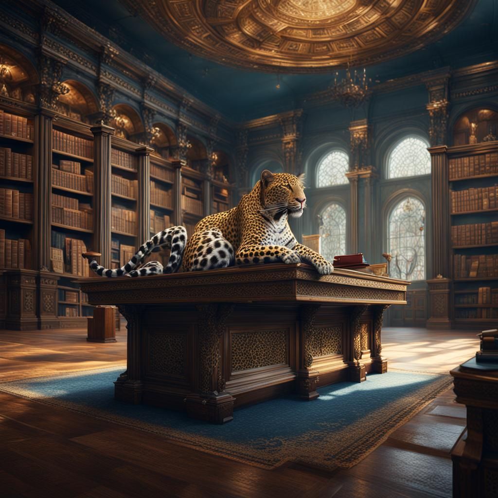 leopard in a library