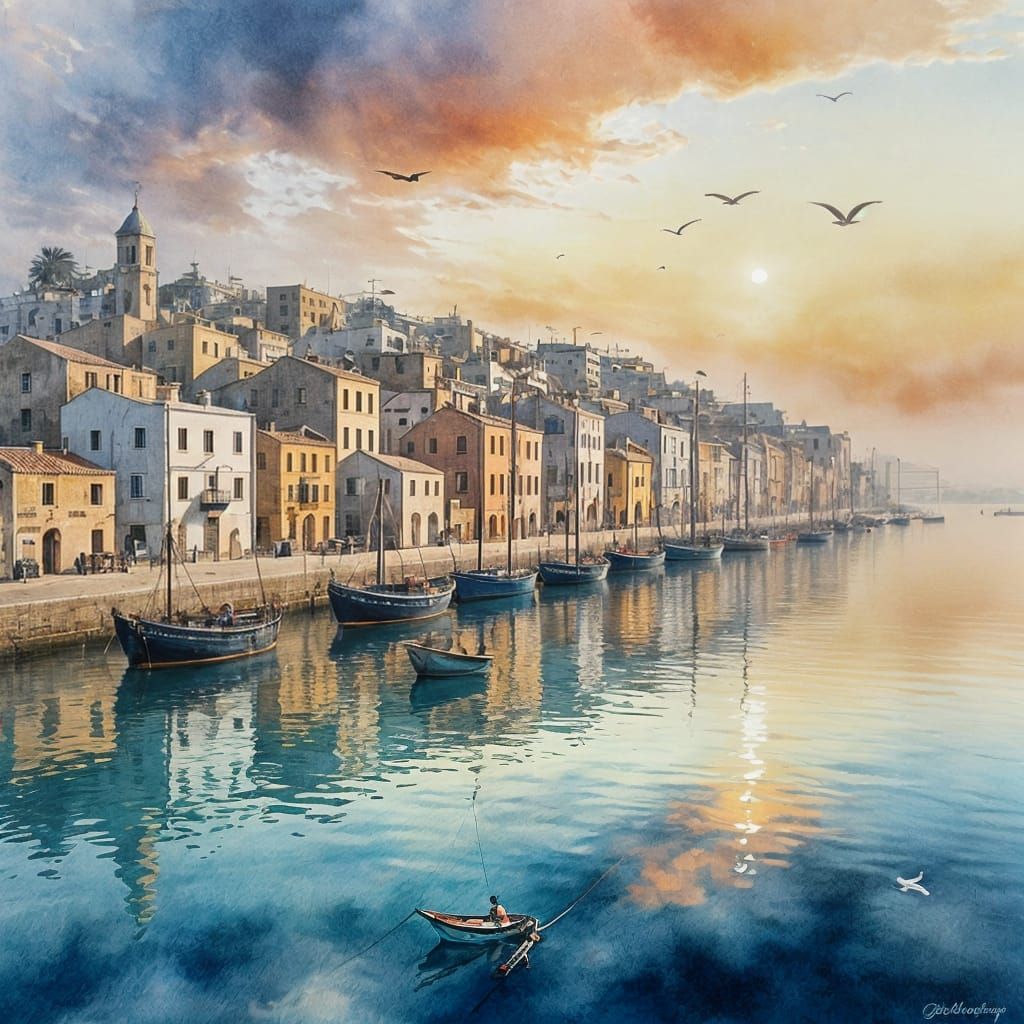Jaffa Port at Dawn: Watercolor Painting