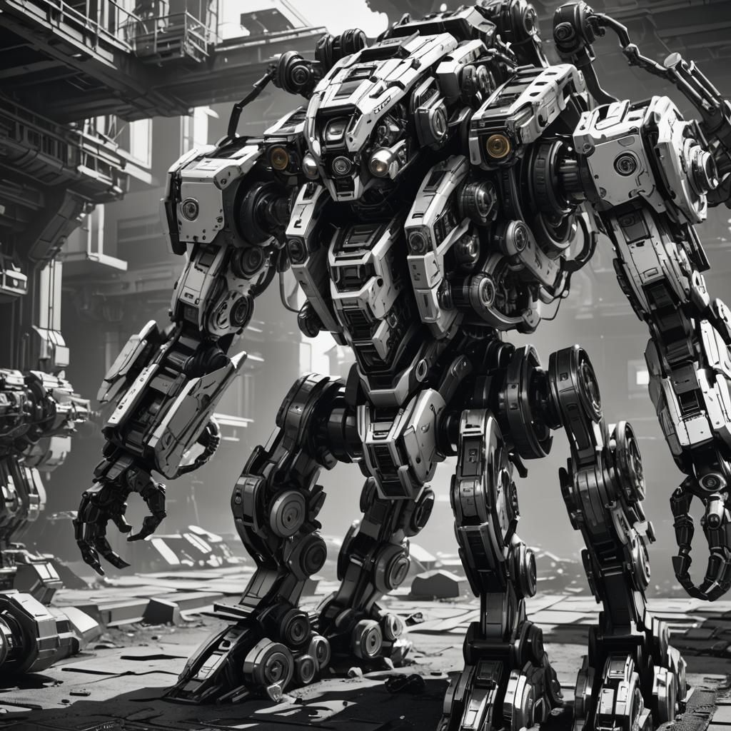 Mech B&W intricate mech details, ground level shot, 8K resol...