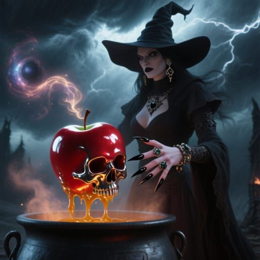 A wicked witch stands in a colossal storm over a cauldron, conjuring up an evil but irresistible poison apple.The large shiny red apple has ...