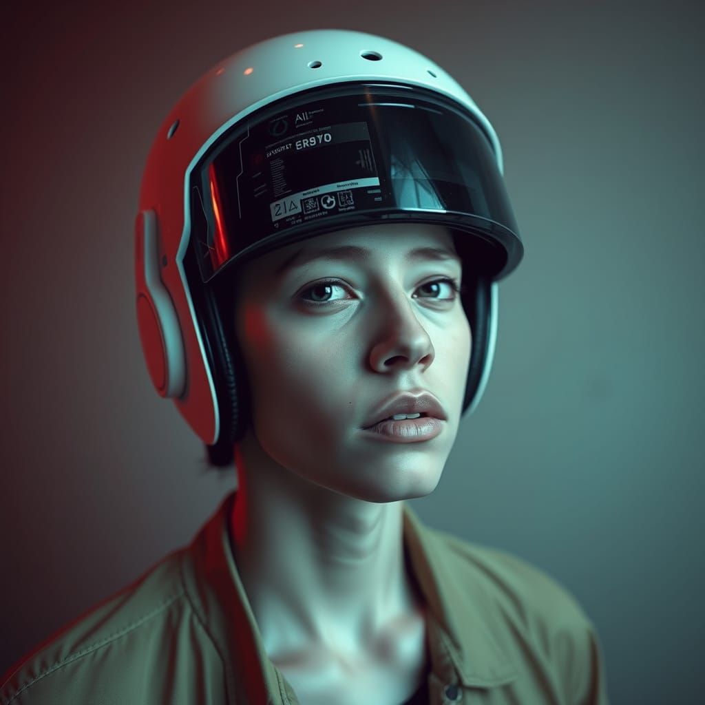 Introspective Person in Cyberpunk Helmet: Digital Self-Portr...