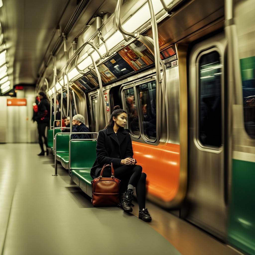 A woman sitting on a subway. intricate details, HDR, beautifully shot, hyperrealistic, sharp focus, 64 megapixels, perfect composition, high...
