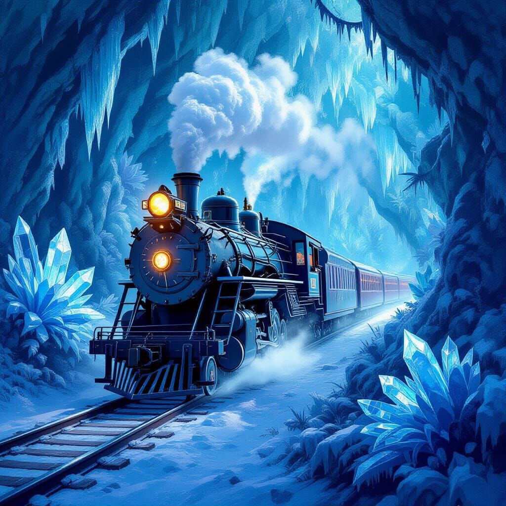 A fantastical train, encrusted with ice and glowing with internal bioluminescence, traverses a frozen, ...  by @Hidden_Phantom