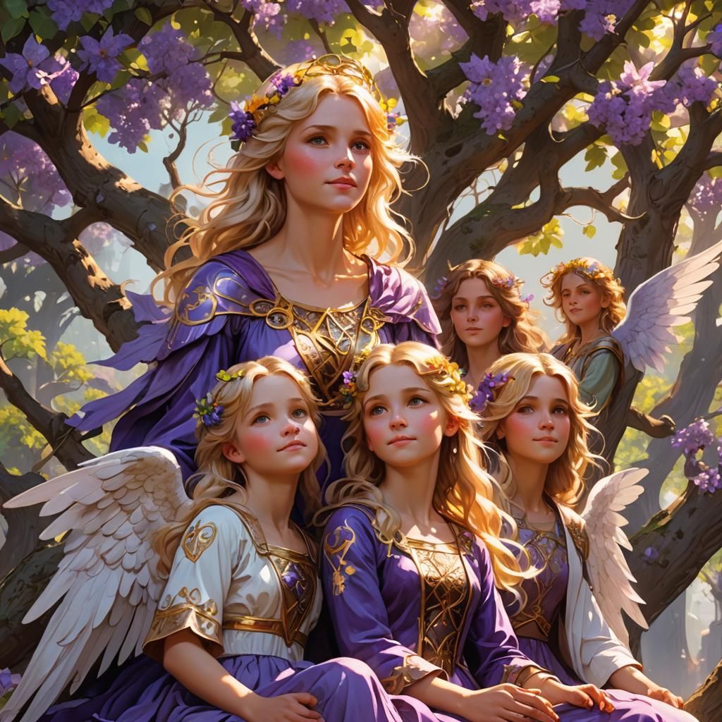 Happy blonde Angels with violet wings sitting under the tree...