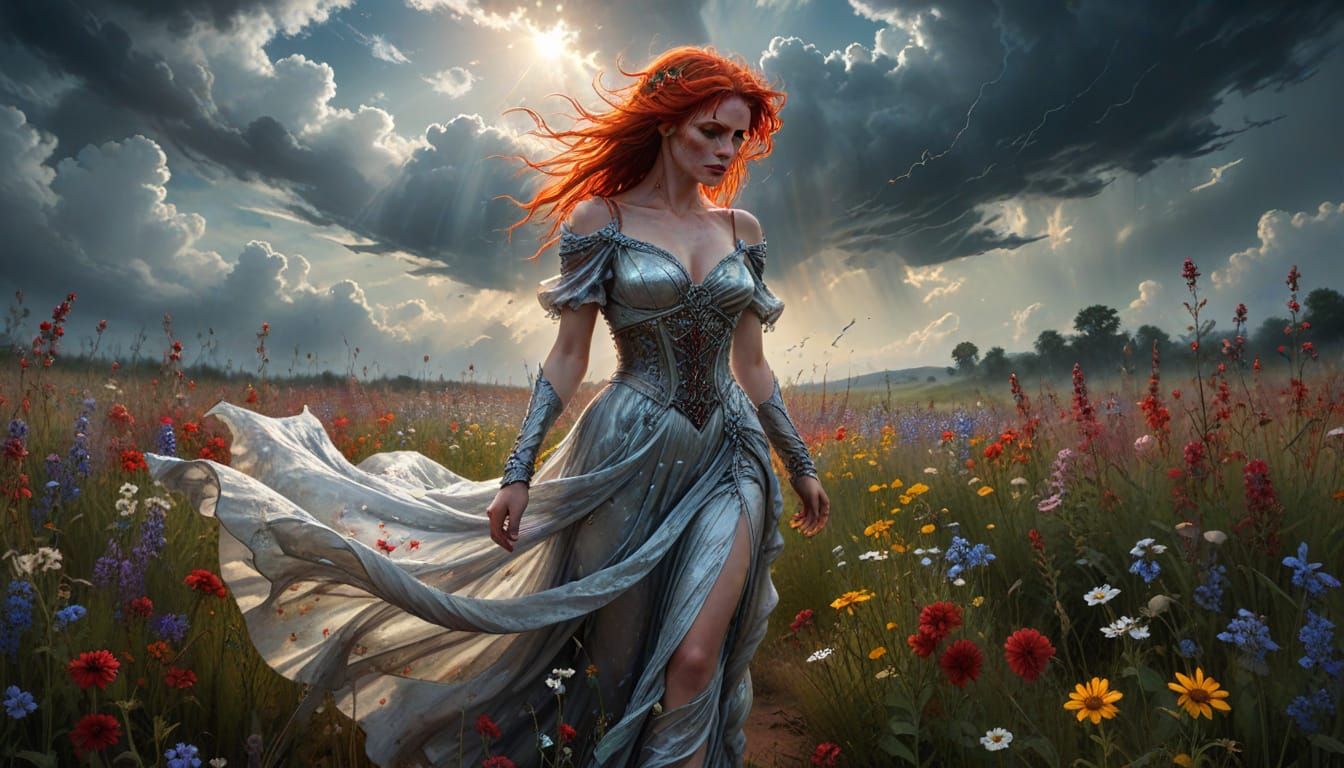 A captivating portrait of a red-headed demon-girl walking towards us through a field of wildflowers. She wears a flowing silver dress. The s...