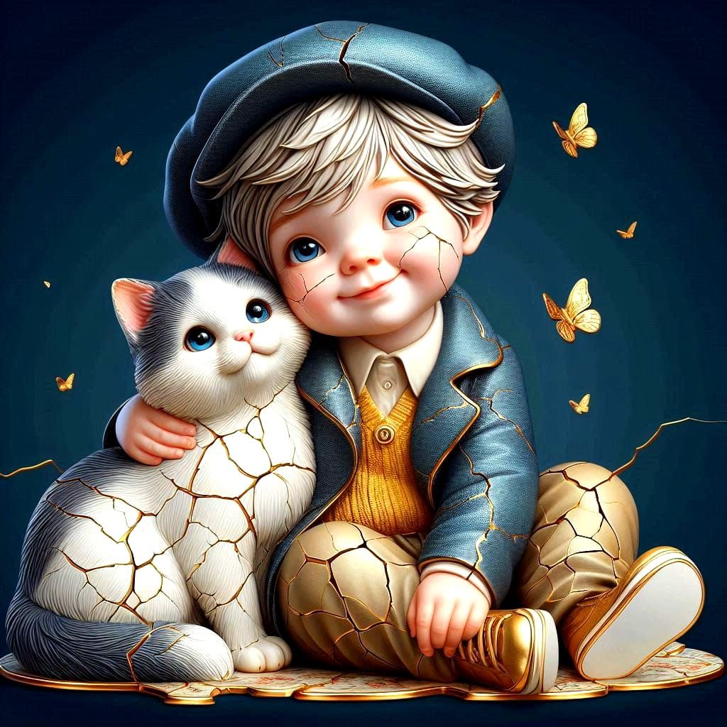 little boy and his cat