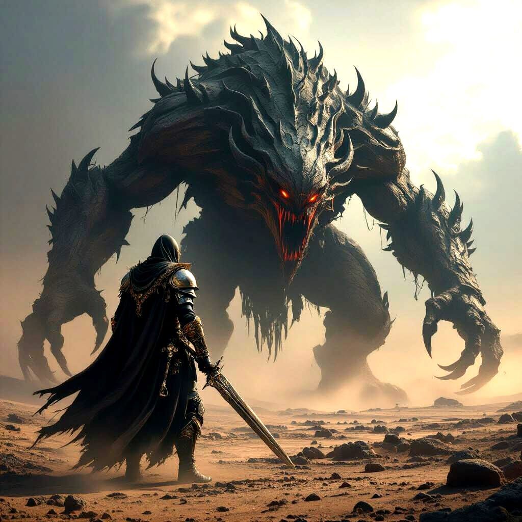 A lone Warrior Facing off against a Dust Behemoth