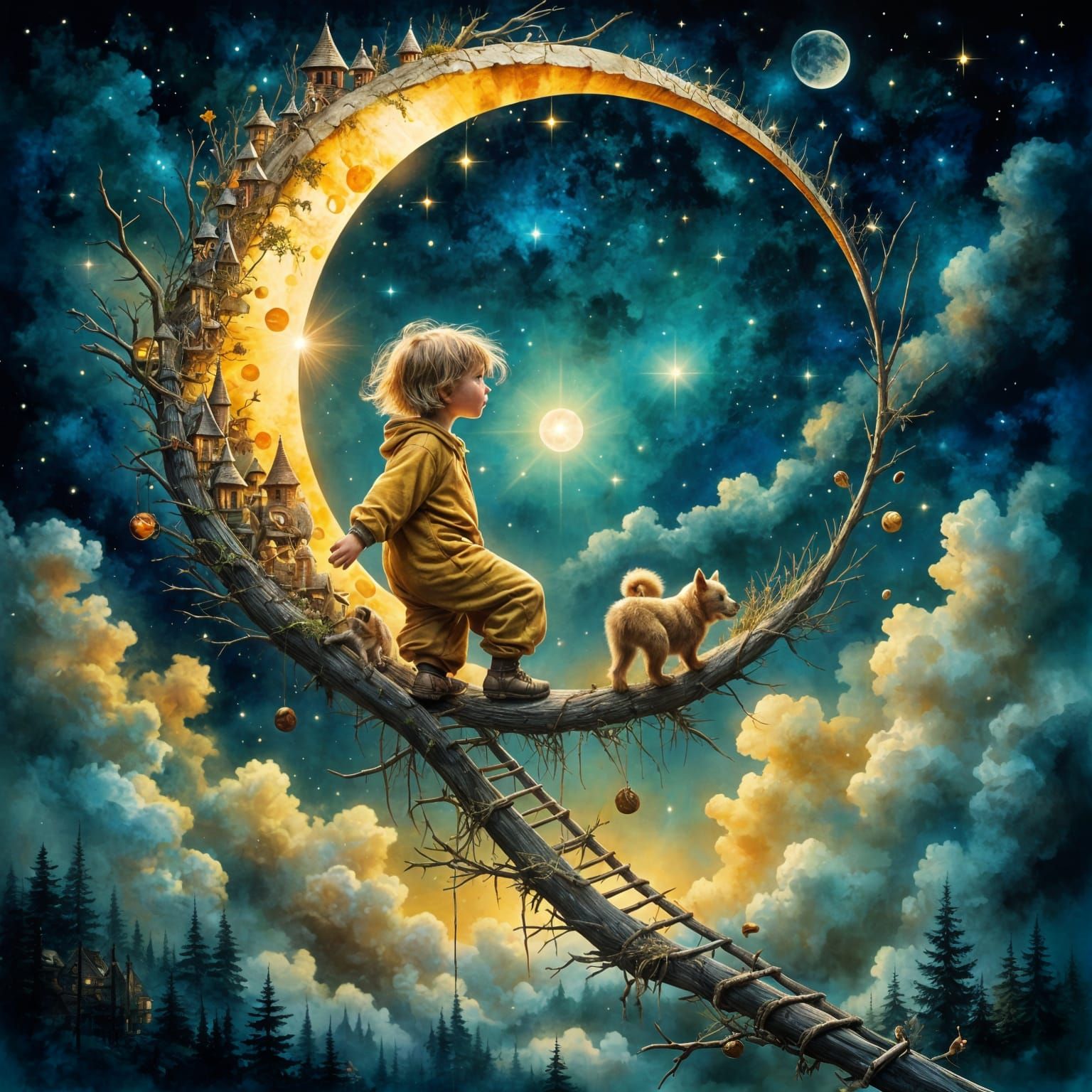 Child and Dog Climb to Moon Village in Watercolor Style