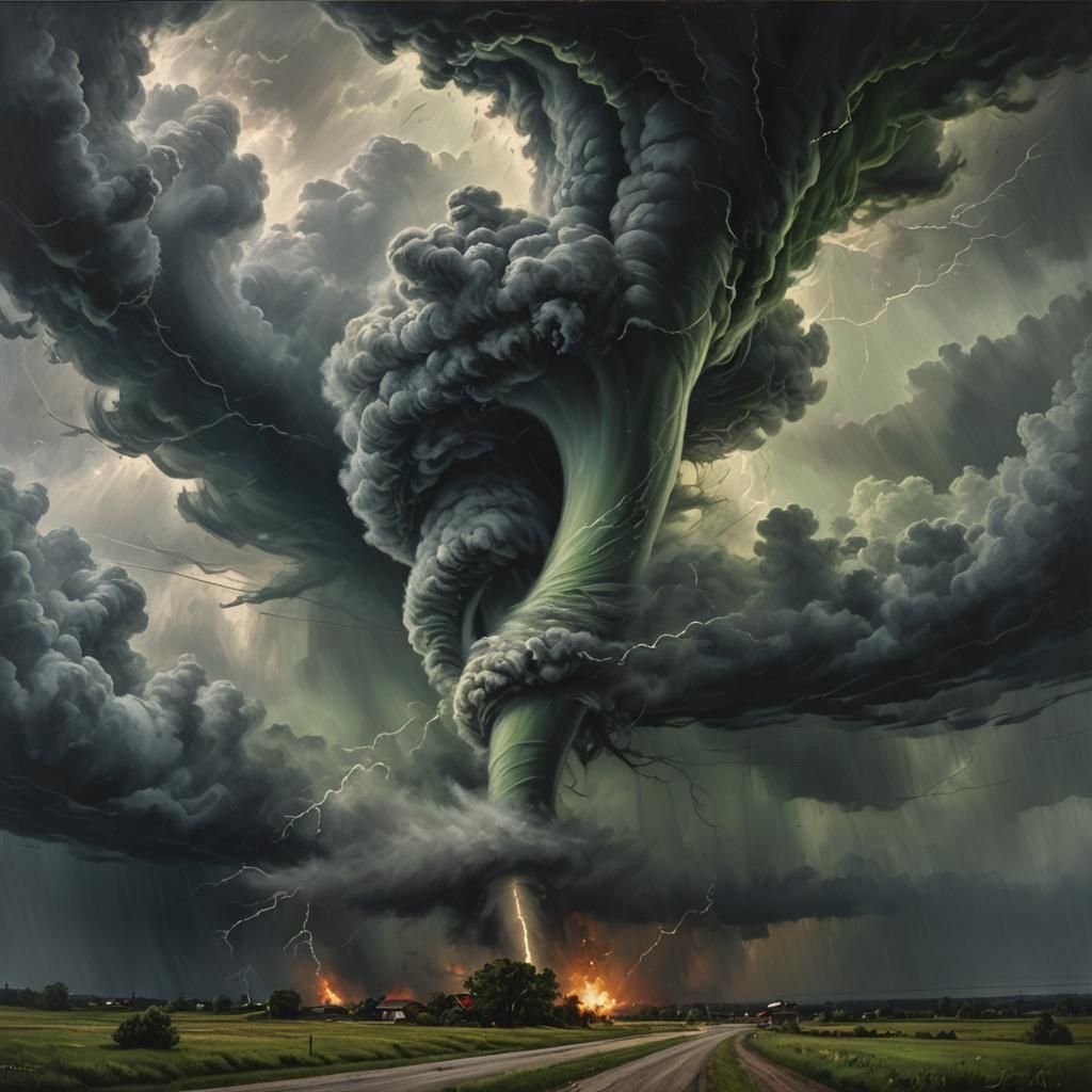 realistic, oil painting, tornado, The tornado formed in front of us, a perfect condensation cone stretching ...  by @Nednut4362