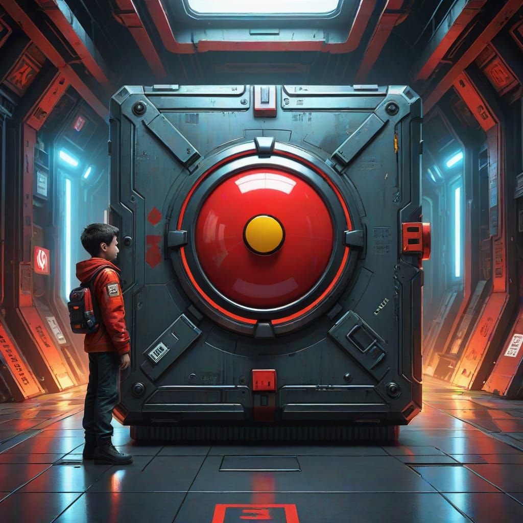 boy standing next to the big mysterious box with a big red button with a sign saying: "Don't push