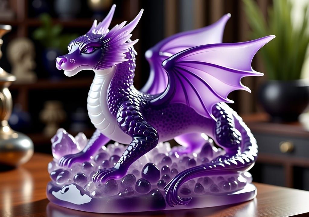 Dragon figurine meticulously carved from one large amethyst crystal.   by @Lorendiac H