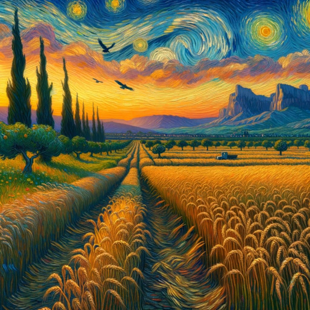 Van Gogh Style Fields at Dusk: Hyperrealistic Valley Scene