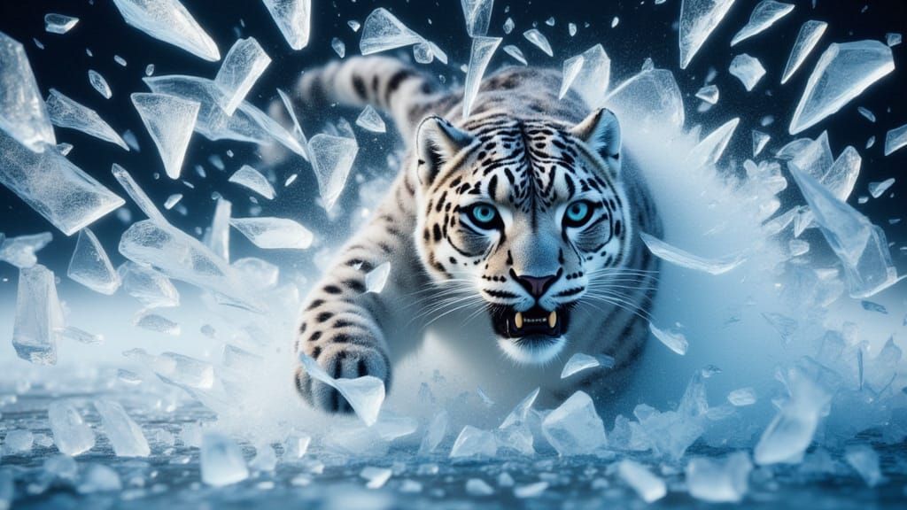 <lora:SplinterCrack:1.0> A stunning ultra-detailed epic action shot scene depicting a hyperdetailed hyper-realistic snow leopard breaking ou...