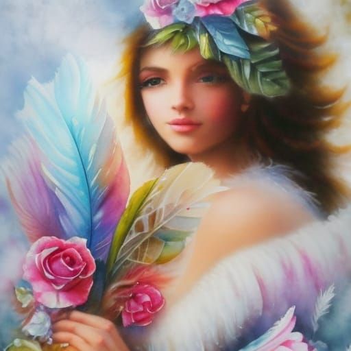 Watercolor Girl with Ice and Flowers