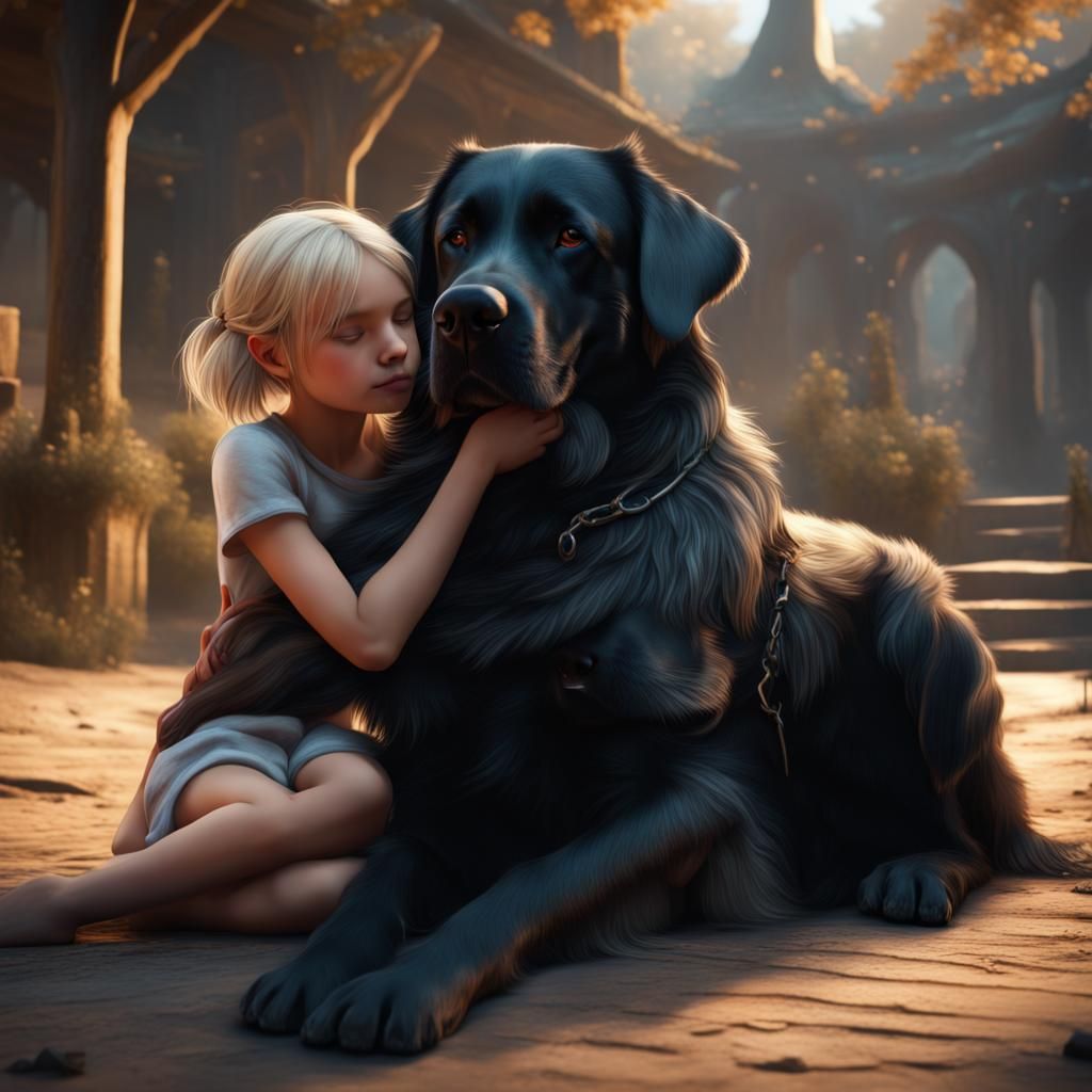 A big black Dog snuggles with a cute little blond girl