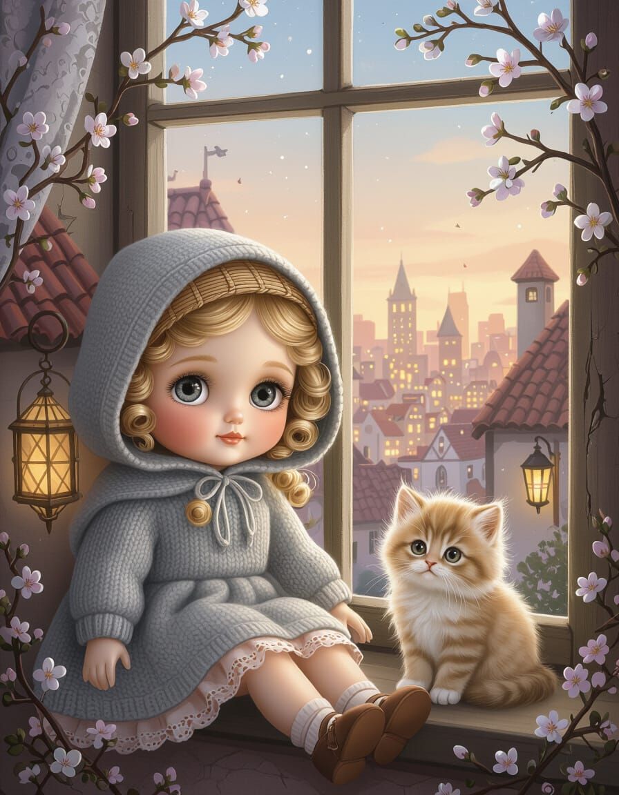 The illustration comes to life, the doll looks sweetly at the kitten and picks it up. The kitten snuggles up and looks into the girl's face.