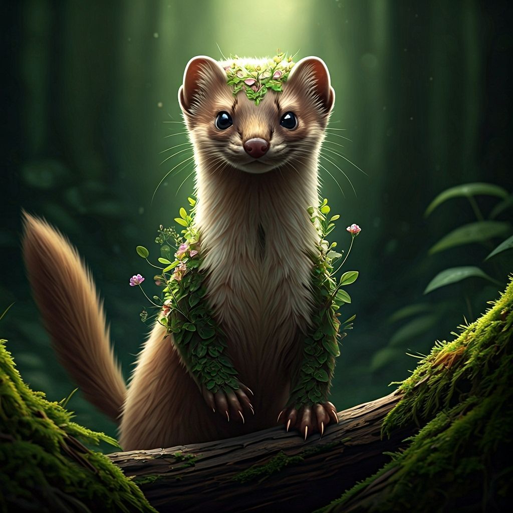 A realistic weasel with druidic nature elements, covered partially in moss, leaves, and small vines wrapped around its body. Delicate flower...