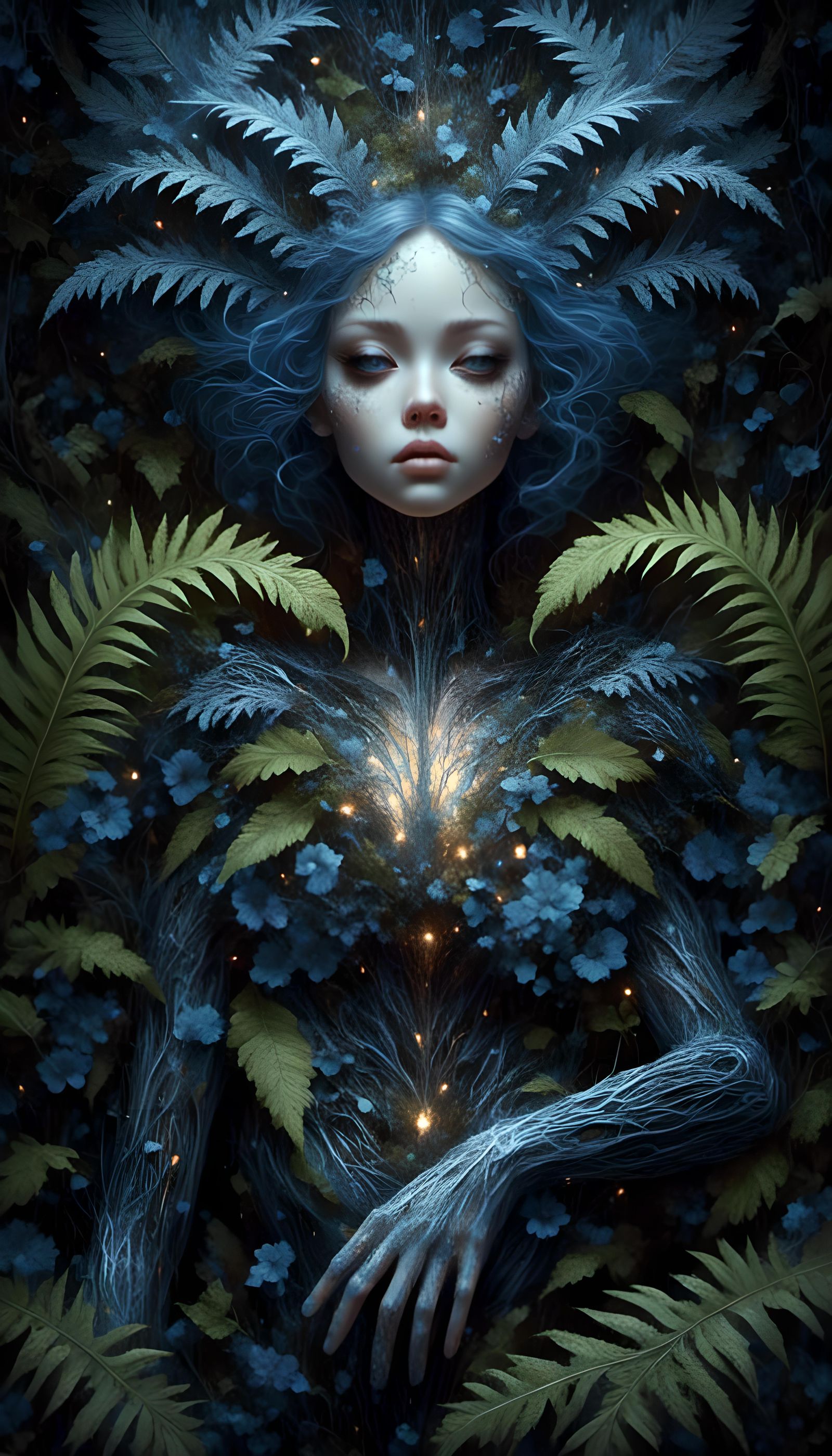 Elemental Harmony + Mystical Flora Infusion, a blue sad broken hearted woman merging with an ominous ...  by @Aqualemonade 