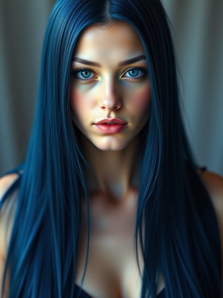 <lora:Boone:1.0> Hyper-realistic portrait of a young, elegant woman with fair skin. She has long, straight <blue> hair, falling gently over ...