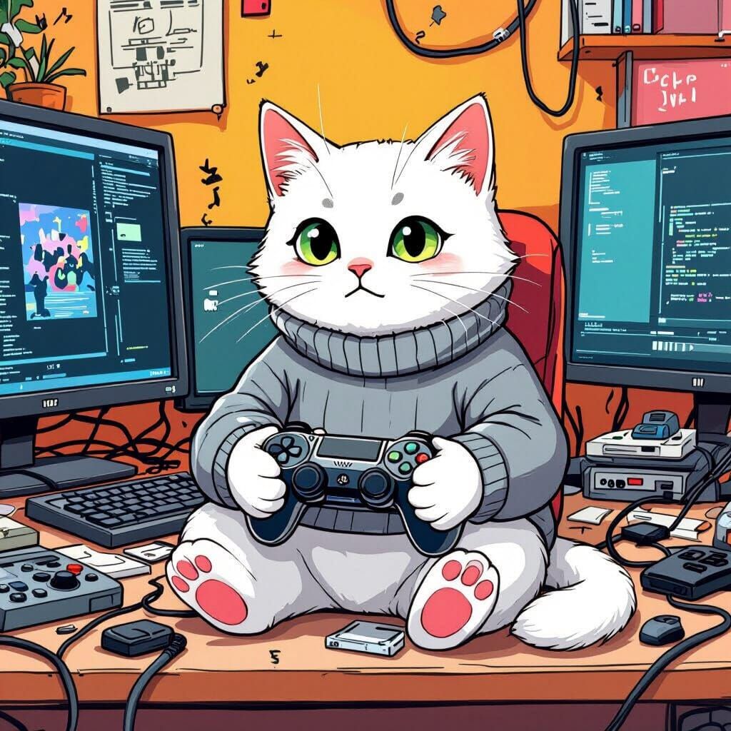 A white cat being forced to play a video game with a dualshock 4 controller