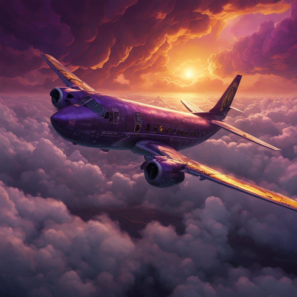 A lone plane struggling through storm clouds that move like towering ocean waves. Lightning arcs across the stormy sky like sea serpents, th...