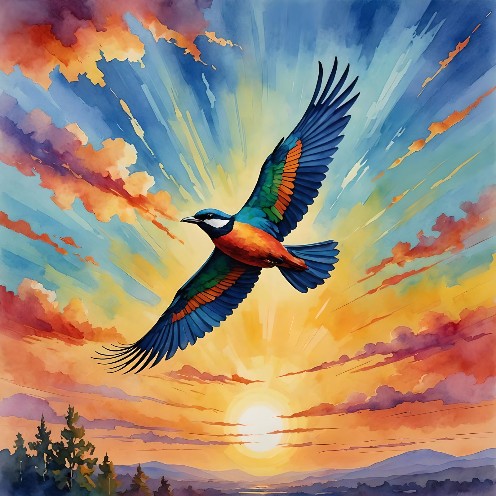 A colorful bird soaring in the morning sky under a shining sun.