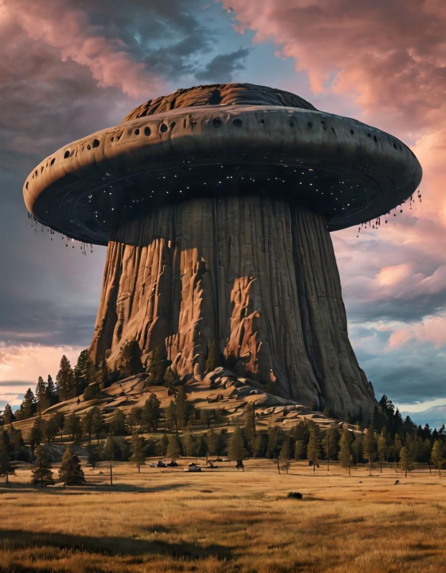 A Giant UFO at Devil's Tower in Wyoming, 8K 3D crepuscule ex...