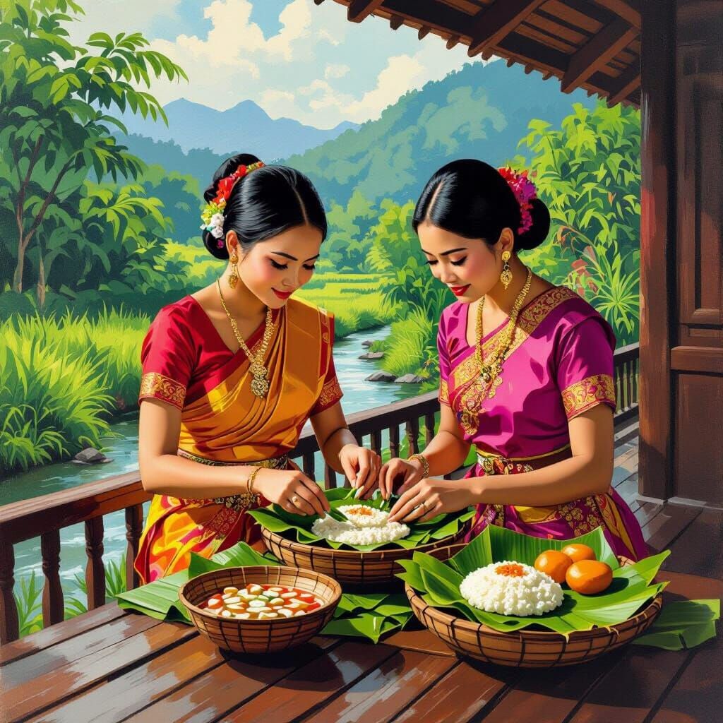 A catสาวไทย2คนแต่งตัวด้วยชุดไทยสวยงาม กำลังบรรจงทำ"ขนมห่อหมก"ขนมไทยด้วยใบกล้วยสีเขียวนวล ดูสวยงามปราณีตน่ารับประทาน บนระเบียงข้างลำธารเล็กๆแ...