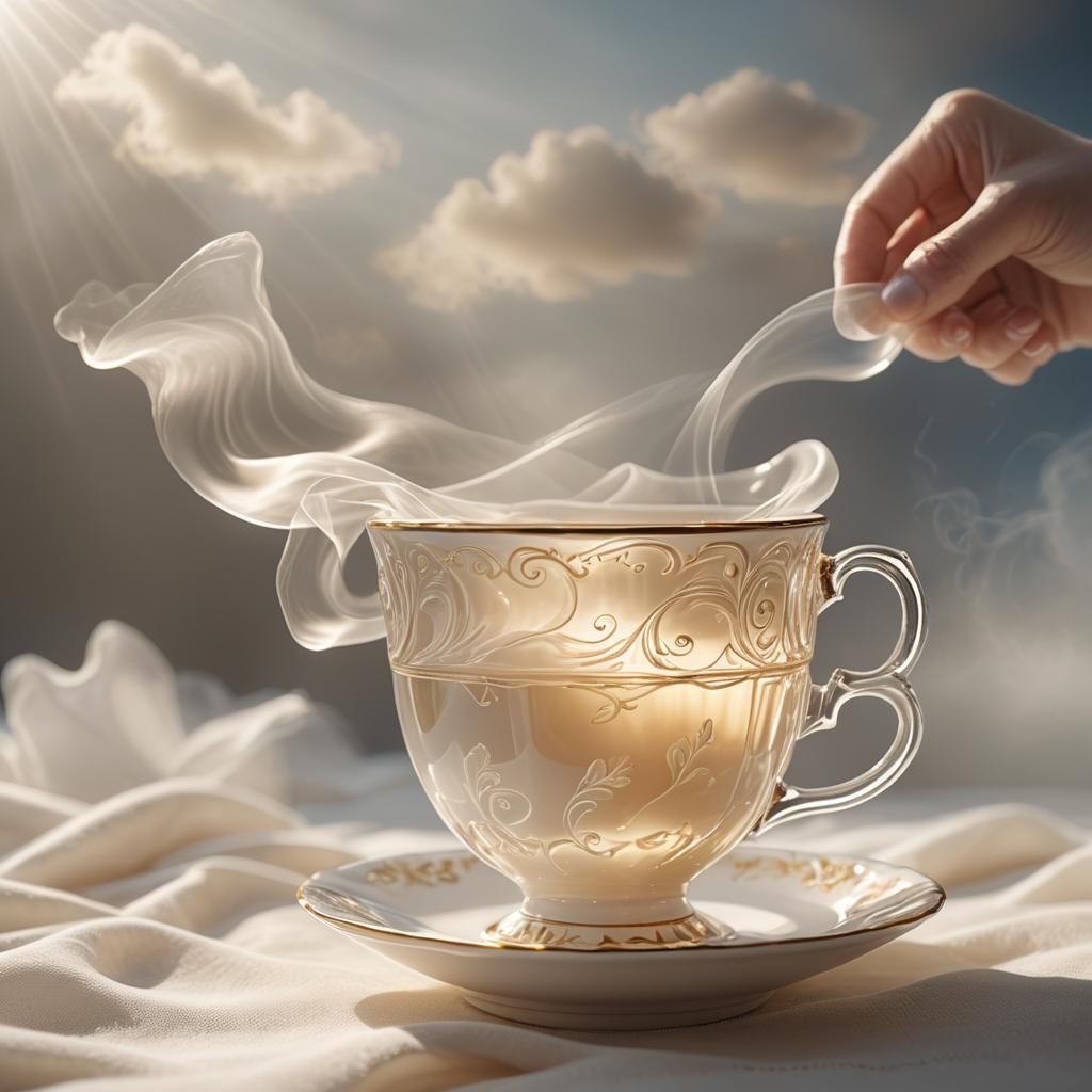 One big transparent tea cup with a saucer inside the cup the...