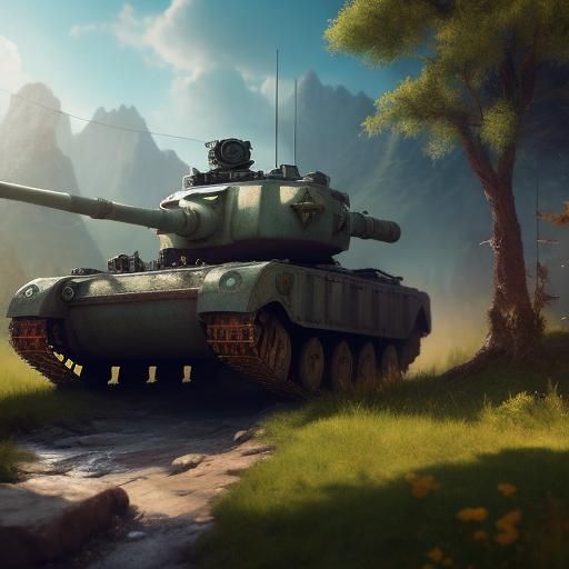Man on Tank in Detailed Fantasy Landscape