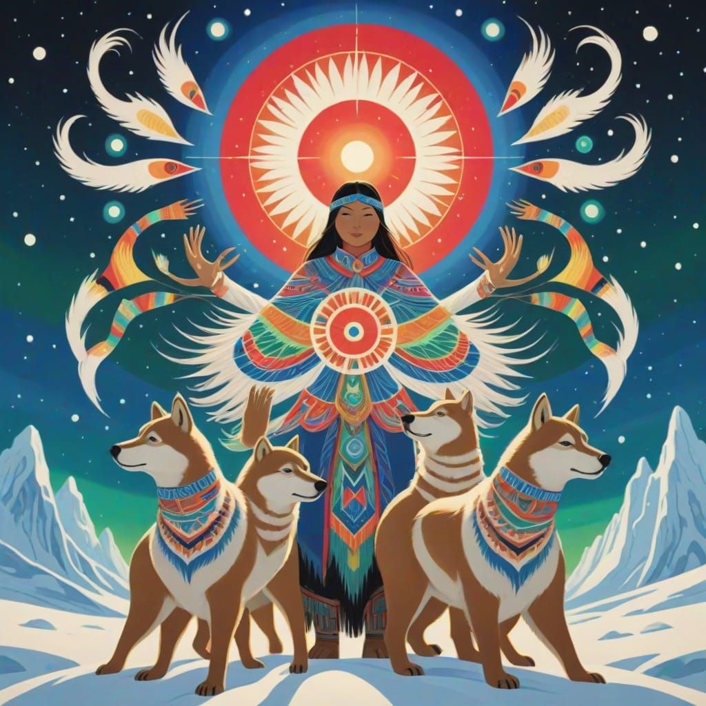 Traditional Inuit Art Masterpiece: Vibrant Aurora Borealis