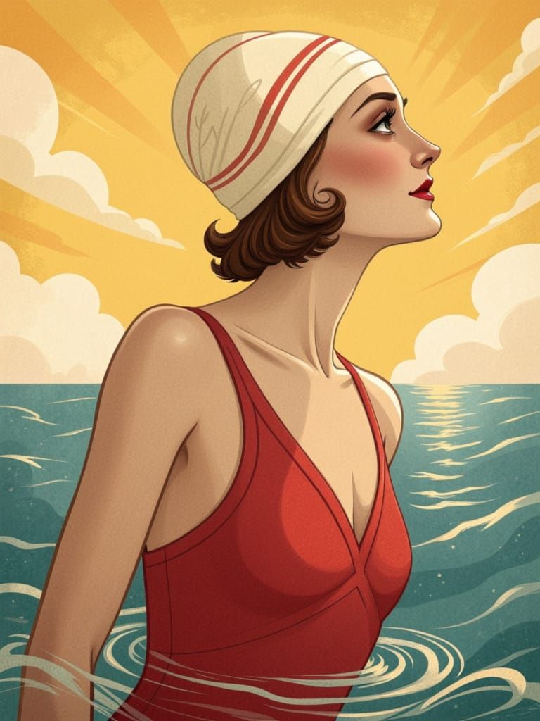 Art deco style: A graceful swimmer wearing a red swimsuit and an ivory swimming cap, with brown hair, in the style of Irina Biatturi, a pain...