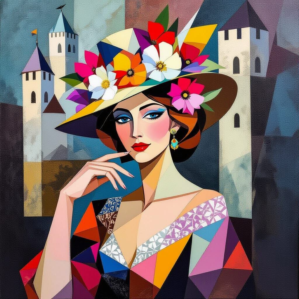 Woman in Castle with Flower Hat, in Cubist Style