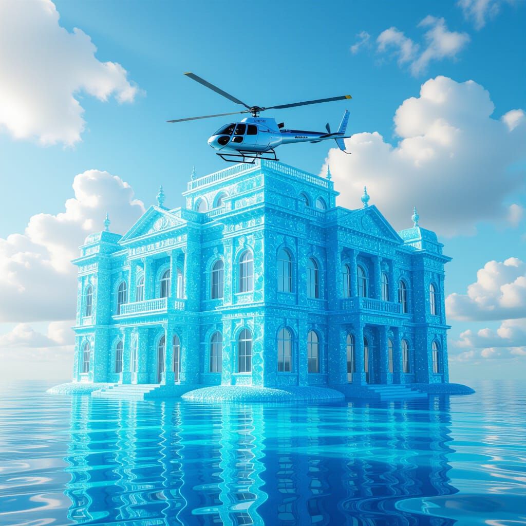 Surreal Carbonated Water Palace with Helicopter Landing