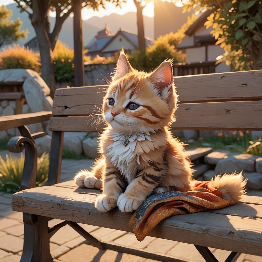 Kitten Sleeps at Sunset: 3D Anime Art