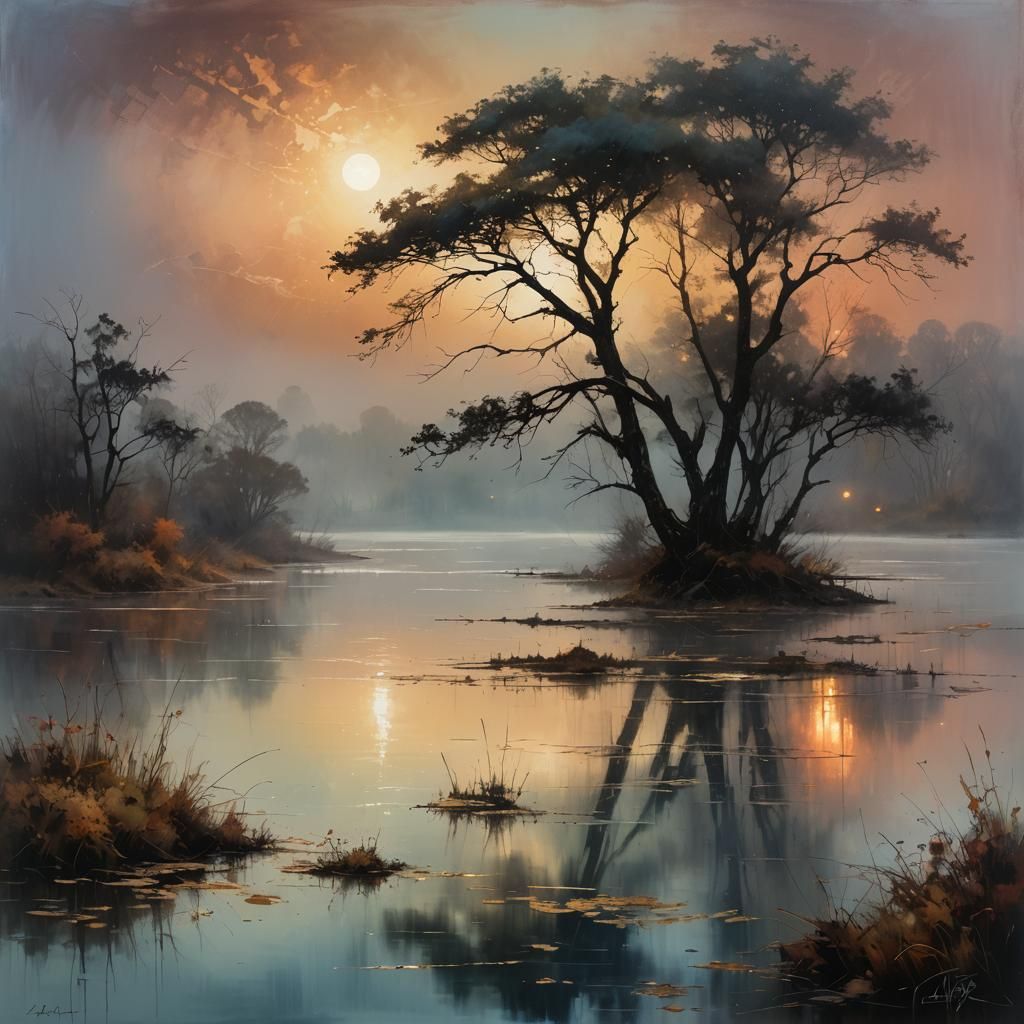 Dreamy, Romanticist-inspired landscape of a misty, moonlit lake  by @Mapont