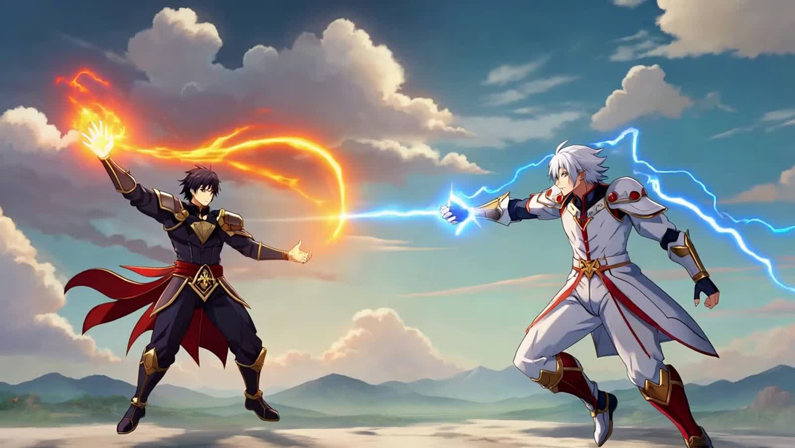 Epic anime battle, two warriors in the sky unleashing elemental powers, fire clashing with lightning, a hero summoning a...
