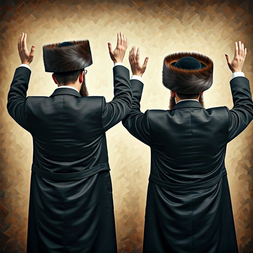 "A picture of two ultra-Orthodox men, dressed in traditional...
