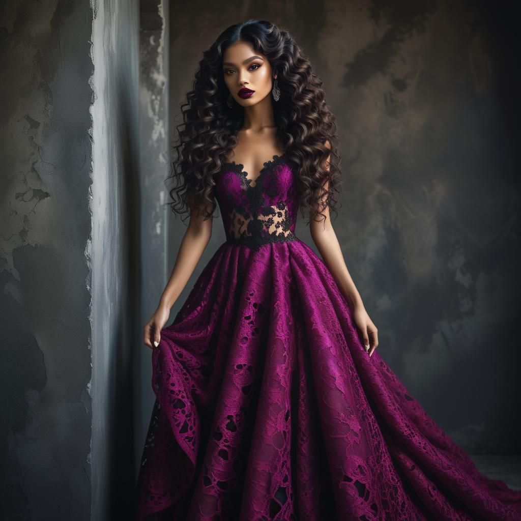 Beautiful girl with caramel skin, dark eyes, dark Red lips, very long dark ringlets hair, in magenta and black lace gown color corrected vol...