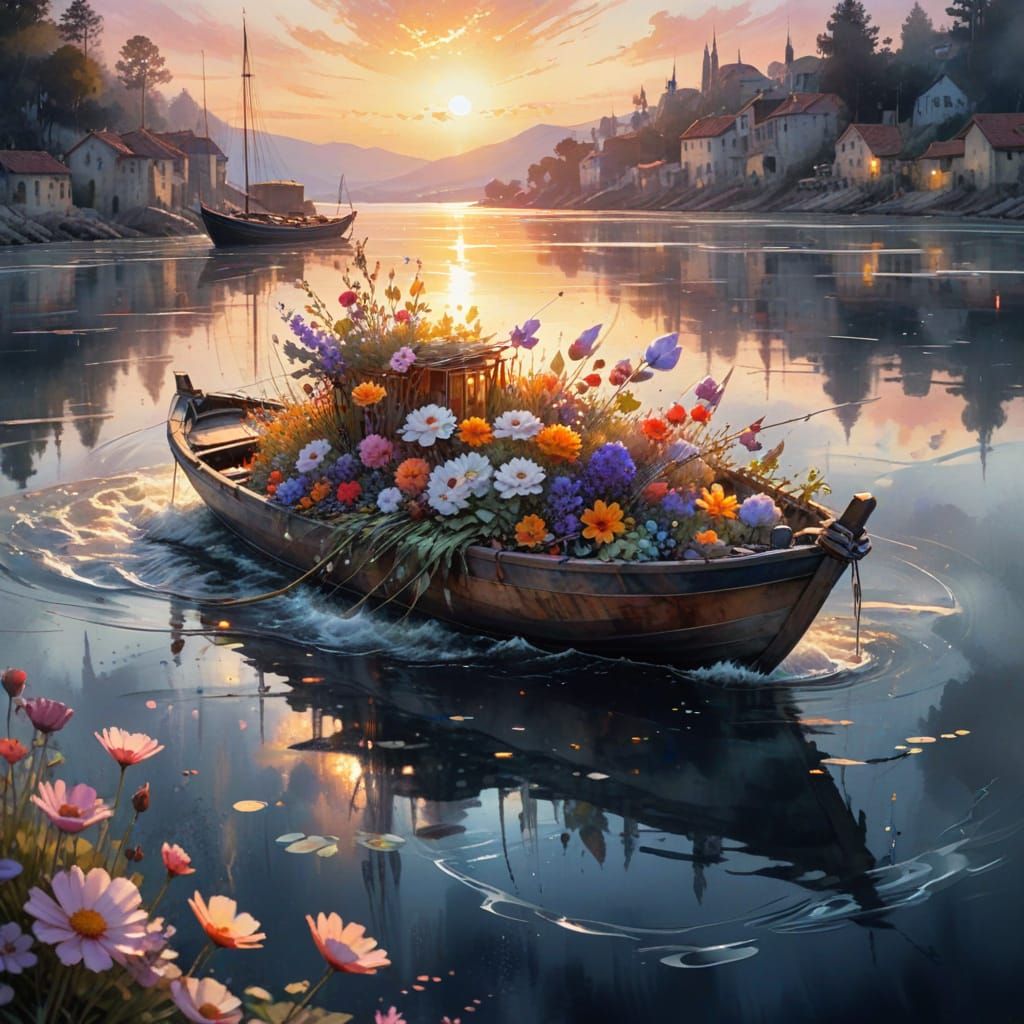 Impressionistic Boat with Flowers at Sea
