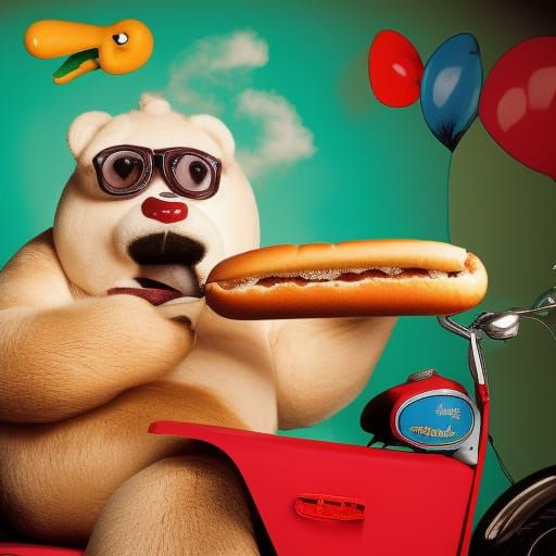Big Fat looking Bear  eating a Hot Dog in a Ed Roth art styl...