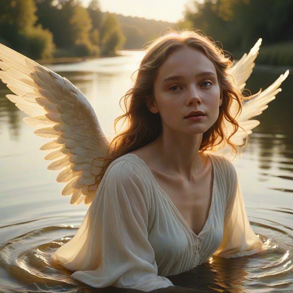 Angel in Golden Light by River