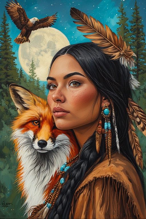 A double silhouette of a native American female shaman with an evergreen forest in the background, a fox and a headdress...